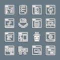 Set line Software, Online play video, Browser with shield, Processor microcircuits CPU, Loading data window, and Server Royalty Free Stock Photo