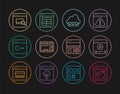 Set line Software, Online play video, Web development, Keyboard, Browser files, Debugging and MySQL code icon. Vector Royalty Free Stock Photo