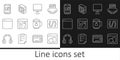 Set line Software, Programming language syntax, Computer monitor screen, Browser window, Mobile Apps, Cup tea with tea Royalty Free Stock Photo