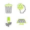 Set line Solar energy panel, Light bulb with leaf, Human head recycle and Trash can icon. Vector Royalty Free Stock Photo
