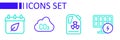 Set line Solar energy panel, Radioactive waste in barrel, CO2 emissions cloud and Calendar with autumn leaves icon