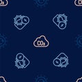 Set line Solar energy panel, Water mill and CO2 emissions in cloud on seamless pattern. Vector Royalty Free Stock Photo