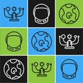 Set line Solar system, Earth globe and Astronaut helmet icon. Vector