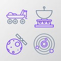 Set line Solar system, Satellites orbiting the planet Earth, Planet Saturn and Mars rover icon. Vector Royalty Free Stock Photo
