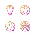 Set line Solar system, UFO abducts cow, Planet Saturn and Satellite dish. Gradient color icons. Vector