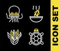 Set line Soup with octopus, Turtle, Seaweed and Octopus icon. Vector