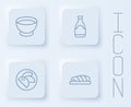 Set line Soy sauce in bowl, bottle, Dumpling and Fish steak. White square button. Vector Royalty Free Stock Photo