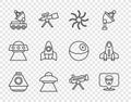 Set line Space capsule, Alien, Black hole, UFO flying spaceship, Mars rover, Rocket, Telescope and icon. Vector