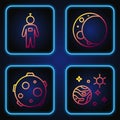 Set line Space and planet, UFO abducts cow, Astronaut and Moon. Gradient color icons. Vector.
