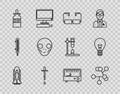 Set line Space shuttle and rockets, Molecule, Glasses, Pipette, bottle with pipette, Extraterrestrial alien face