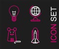 Set line Space shuttle and rockets, Rat, Earth globe and Light bulb with concept of idea icon. Vector Royalty Free Stock Photo
