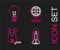 Set line Space shuttle and rockets, Rat, Earth globe and Light bulb with concept of idea icon. Vector