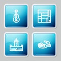 Set line Spanish guitar, House Edificio Mirador, Montjuic castle and Churros and chocolate icon. Vector