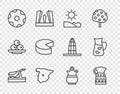 Set line Spanish jamon, Sangria pitcher, Beach, Map of Spain, Football ball, Cheese, and icon. Vector