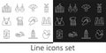 Set line Spanish wineskin, Gate of Europe, Fan flamenco, Sangria pitcher, Bull, Prado museum, and Earrings icon. Vector