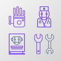 Set line Spanner, User manual, Robot doctor and Mechanical robot hand icon. Vector