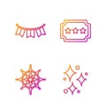 Set line Sparkle stars with magical glitter, Spider web, Carnival garland with flags and Ticket. Gradient color icons