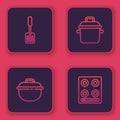 Set line Spatula, Cooking pot, and Gas stove. Blue square button. Vector