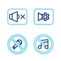 Set line Speaker mute, Mute microphone, Music or video settings and icon. Vector Royalty Free Stock Photo