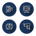 Set line Speech bubble chat, Cloud database, First aid kit and Security camera with long shadow. Blue circle button Royalty Free Stock Photo