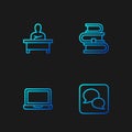 Set line Speech bubble chat, Laptop, Schoolboy sitting desk and Book. Gradient color icons. Vector Royalty Free Stock Photo