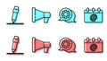 Set line Speech bubble chat, Pencil with eraser, Megaphone and Calendar with email icon. Vector Royalty Free Stock Photo