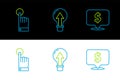 Set line Speech bubble with dollar, Hand touch and tap gesture and Light bulb icon. Vector Royalty Free Stock Photo
