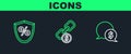 Set line Speech bubble with dollar, Loan percent and Chain link and coin icon. Vector