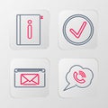 Set line Speech bubble with phone call, Mail and e-mail, Check mark in circle and User manual icon. Vector Royalty Free Stock Photo