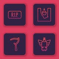 Set line Speech bubble rip death, Scythe, Coffin in grave and Christmas angel. Blue square button. Vector