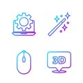Set line Speech bubble with text 3D, Computer mouse, Laptop and gear and Magic wand. Gradient color icons. Vector Royalty Free Stock Photo