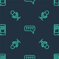 Set line Speech bubbles with Question, Microphone voice device and Online translator on seamless pattern. Vector