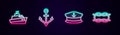 Set line Speedboat, Anchor, Captain hat and Nautical rope knots. Glowing neon icon. Vector