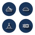 Set line Speedboat, Sailor hat, Floating buoy and Nautical rope knots with long shadow. Blue circle button. Vector
