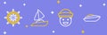 Set line Speedboat, Sailor, Yacht sailboat and Ship steering wheel icon. Vector