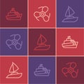 Set line Speedboat, Yacht sailboat and Boat propeller icon. Vector