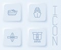 Set line Speedboat, Yacht sailboat, Kayak and paddle and Binoculars. White square button. Vector