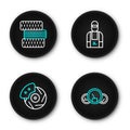 Set line Speedometer, Car brake disk with caliper, mechanic and tire wheel icon. Vector Royalty Free Stock Photo