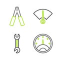 Set line Speedometer, Wrench, and Car battery jumper power cable icon. Vector