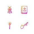 Set line Spell, Magic staff, Dream catcher with feathers and Ancient magic book. Gradient color icons. Vector