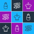 Set line Spice in can, T-shirt and Candy icon. Vector