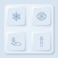 Set line Spider web, Hypnosis, Hand holding a fire and Bottle with love potion. White square button. Vector