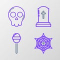 Set line Spider web, Lollipop, Tombstone with cross and Skull icon. Vector