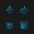 Set line Spider web, , Scarecrow and Pumpkin. Gradient color icons. Vector