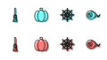 Set line Spider web, Witches broom, Pumpkin and Eye icon. Vector