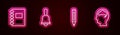 Set line Spiral notebook, Ringing bell, Marker pen and Human brain. Glowing neon icon. Vector Royalty Free Stock Photo