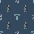 Set line Sponge, Bottle for cleaning agent and Rubber cleaner on seamless pattern. Vector