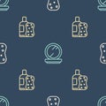 Set line Sponge with bubbles, Bottle of shampoo and sponge and Makeup powder mirror on seamless pattern. Vector