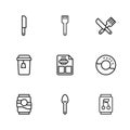 Set line Spoon, Donut, Soda can, Restaurant cafe menu, Crossed knife and fork, Knife, Fork and Cup of tea icon. Vector