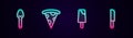 Set line Spoon, Slice of pizza, Ice cream and Knife. Glowing neon icon. Vector